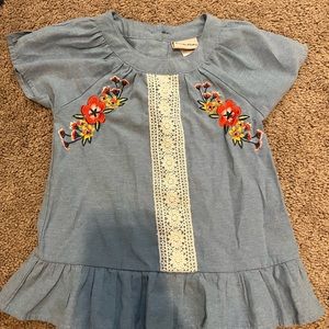 NWOT little lass size 6 denim top. Floral embroidery with lace stitching